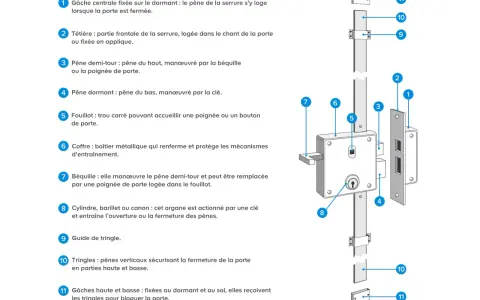 Schéma d'une serrure multipoints : le coffre (6) contient les pênes (3, 4) et le cylindre (8). Les tringles (10) et gâches (1, 11) permettent d'ajouter un verrou sur une porte 3 points.