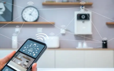 A hand holds a smartphone displaying an IoT interface, showing how you can control an IoT connected smart device remotely.