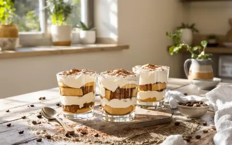 Trois verrines de tiramisu sans mascarpone, joliment superposées, saupoudrées de cacao.
