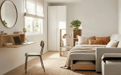 Habitación de invitados y estudio con escritorio plegable, sofá cama y estantería.