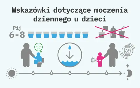 Wskazówki dotyczące moczenia dziennego u dzieci: pij 6-8 szklanek wody, regularne wizyty w toalecie, monitorowanie nawodnienia.