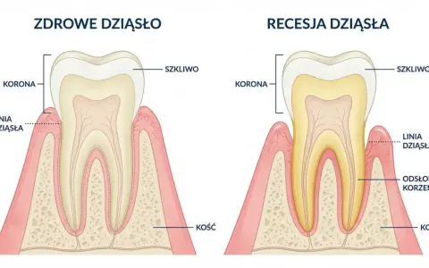 Zdrowe dziąsło vs. recesja dziąsła. Ilustracja pokazuje odsłonięty korzeń zęba, co jest oznaką problemów z dziąsłami.