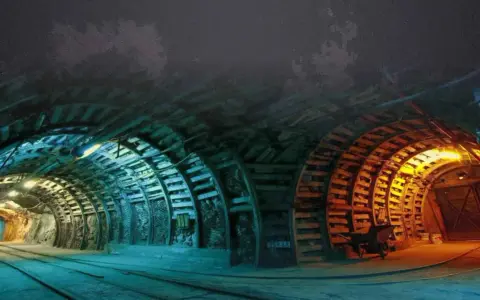 Wnętrze kopalni Nowa Ruda. Tunel oświetlony niebieskim i pomarańczowym światłem, z drewnianymi podporami i torami kolejowymi.