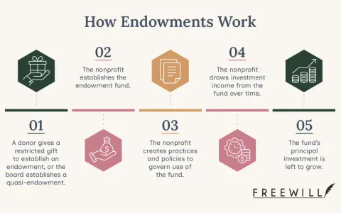 Infographic showing how a foundation endowment works: donor gift, fund establishment, policy creation, income draw, and principal growth.