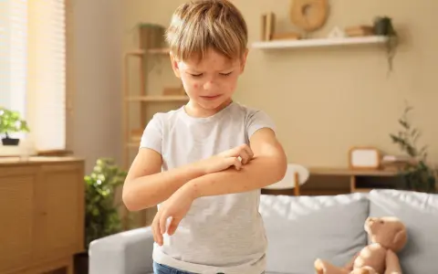 Niño con varicela en brazos y cara, rascándose el brazo.