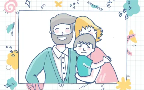 Ilustración de familia con un niño triste abrazado por sus padres, reflejando el apego en niños de 6 a 12 años.