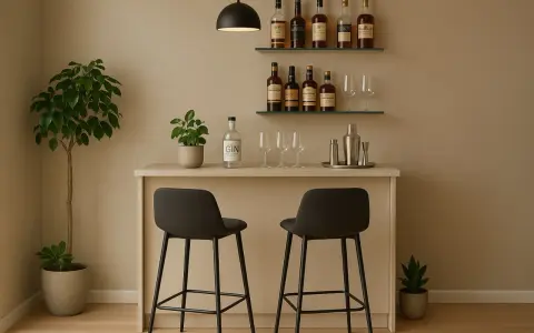 Elegante angolo bar con bottiglie di liquori, bicchieri, shaker e due sgabelli.