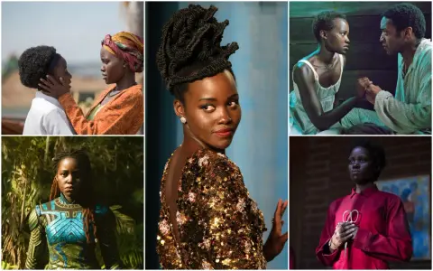 Lupita Nyong'o in diverse ruoli: da "12 anni schiavo" a Black Panther, con abiti eleganti e acconciature audaci.