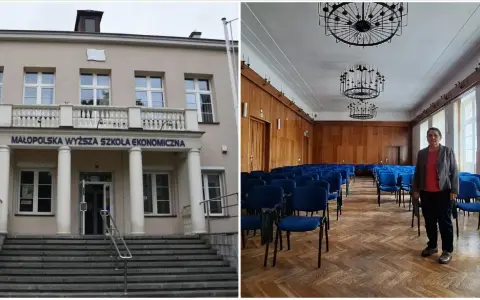 Budynek Małopolskiej Wyższej Szkoły Ekonomicznej (MWSE) i sala wykładowa z krzesłami.