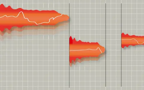 Pomarańczowe kształty z białymi liniami, przypominające zapis nutowy na piano roll, unoszą się nad szarą siatką.