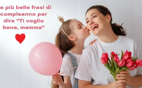 Bambina bacia la mamma, regalandole fiori e un palloncino. Un augurio speciale: buon compleanno mamma!