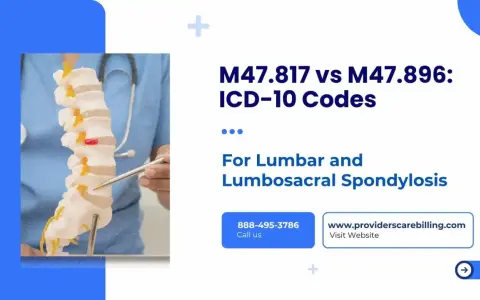 Model kręgosłupa z zaznaczonymi zmianami zwyrodnieniowymi. Mowa o kodach ICD-10 M47.817 i M47.896 dla spondylozy lędźwiowej.