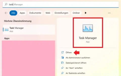 Windows 11 Suchleiste zeigt "Task-Manager" als höchste Übereinstimmung. Das Symbol und der Name sind hervorgehoben.