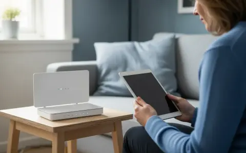 Kvinna med surfplatta bredvid en vit router som visar statuslampor. Hon kanske justerar wifi frekvens för bättre täckning.