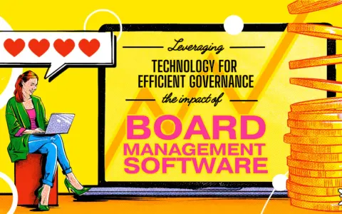 A woman uses board management software on her laptop, with hearts above her head and coins to the side, symbolizing efficient governance and success.