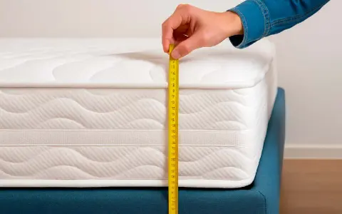 Mano mide la altura de la cama con colchón usando una cinta métrica amarilla.