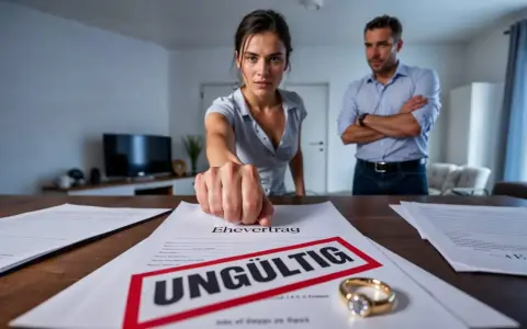 Frau schlägt auf ungültigen Ehevertrag. Verzicht auf Zugewinnausgleich ohne Notar? Ein Mann steht im Hintergrund.