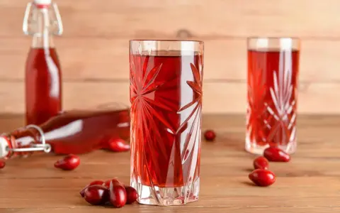 Szklanka z nalewką z derenia, obok butelki i owoców. Idealny przepis na domową nalewkę z derenia.