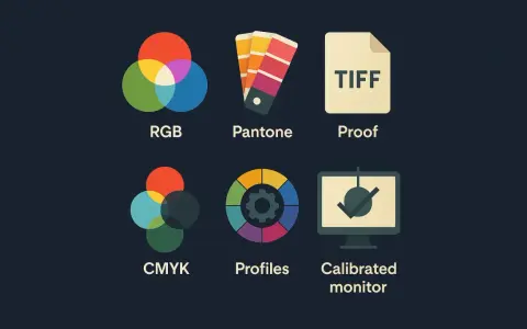 Ikony: RGB, Pantone, Proof, CMYK, Profiles, Calibrated monitor. Kluczowe dla jakości wydruku są ppi i dpi.