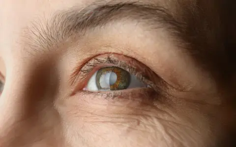 Gros plan sur un œil humain, montrant des rides autour de l'œil et une légère perte de cils.