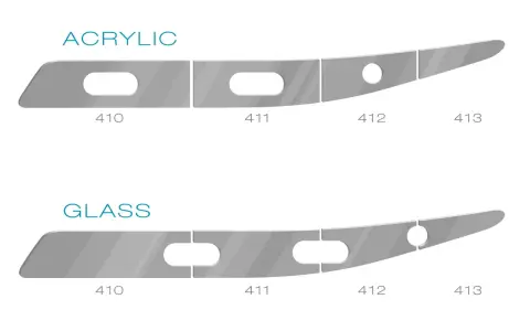 Comparing acrylic and glass shapes, the acrylic pieces appear thinner, suggesting plexiglass is lighter than glass.