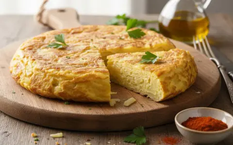 Una fetta di frittata di patate dorata e soffice, guarnita con prezzemolo, su un tagliere di legno.