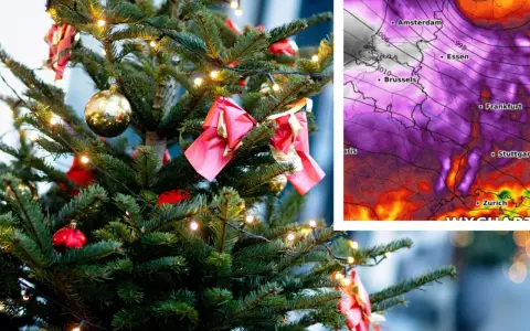 Weihnachtsbaum mit Lichtern und Kugeln, daneben eine Wetterkarte mit Europa.