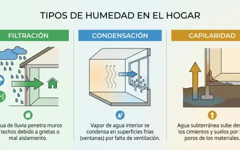 Ilustración muestra tres tipos de humedad en el hogar: filtración de lluvia, condensación interior y capilaridad. Aprende cómo quitar humedad de la pared.