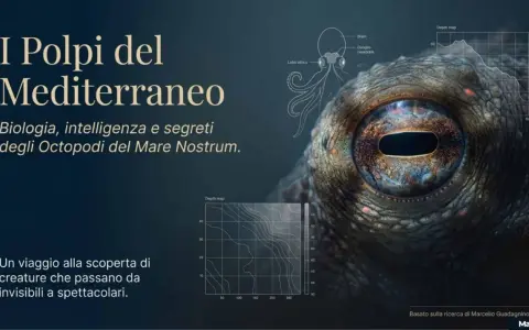Occhio di polpo del Mediterraneo, con diagrammi di anatomia e profondità. Un viaggio alla scoperta dei polipi marini.
