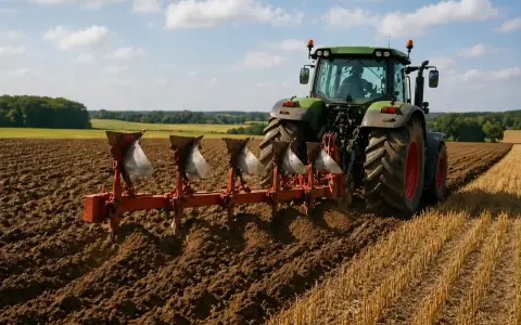 Zielony traktor z pługiem orze pole. Jaki pług do ciągnika 75km? Ten czteroskibowy radzi sobie świetnie.