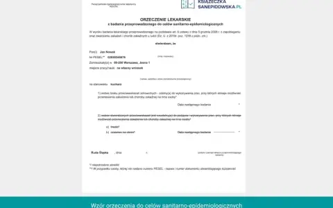 Orzeczenie lekarskie do celów sanitarno-epidemiologicznych, z danymi Jana Nowaka na stanowisku kucharza.