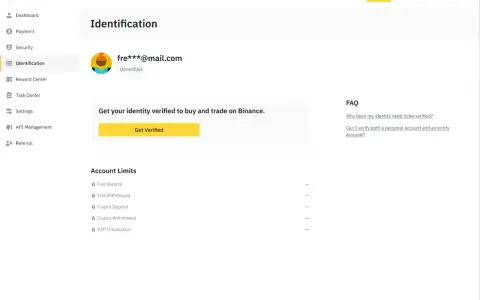 Strona Binance Identification, gdzie użytkownik fre***@mail.com musi przejść weryfikację, aby móc handlować.
