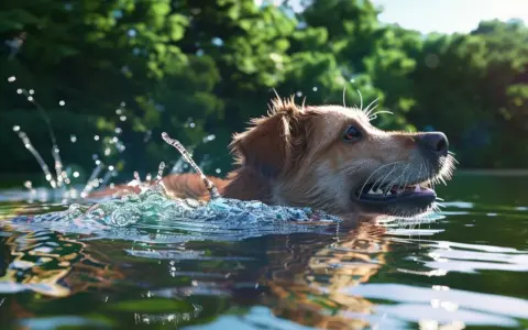 Złoty retriever radośnie pływa w jeziorze, rozpryskując wodę. Czy każdy pies umie pływać? Ten z pewnością tak!