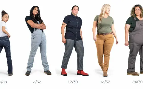 Five women in workwear, showcasing different sizes and styles. One wears size 33 in US jeans.