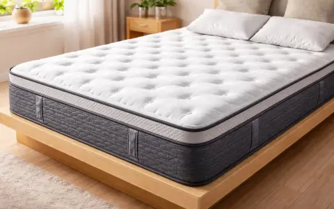 Un matelas neuf, blanc et gris, sur un sommier en bois. Parfait pour savoir si l'on peut dormir sur un matelas neuf sans attendre.