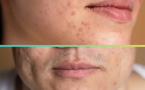 Primo piano di un volto con macchie da acne, prima e dopo il trattamento dermatologico.