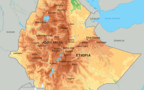 Mapa polityczna Etiopii, pokazująca jej położenie między Sudanem, Erytreą, Dżibuti, Somalią i Jemenem. Widoczne główne miasta i ukształtowanie terenu.