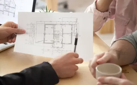 Architekt omawia z klientami projekt domu, wskazując na planowaną powierzchnię netto budynku.