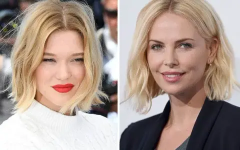 Dos actrices con un blunt bob despuntado rubio. La de la izquierda, con labios rojos, y la de la derecha, con una sonrisa sutil.