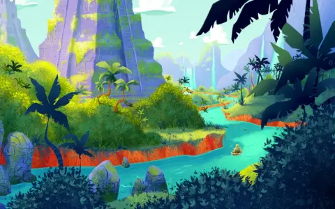 Un bambino su una barca naviga un fiume turchese tra rovine antiche e giungle lussureggianti, un'avventura perfetta per i cortometraggi per bambini.