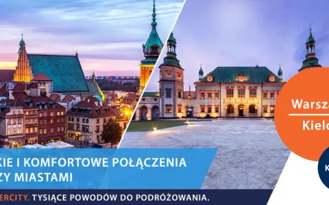 Szybkie połączenie pociągiem z Warszawy do Kielc. Widok na zabytkowe budynki obu miast.