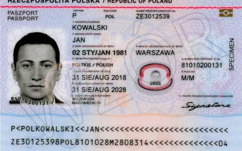 Zdjęcie polskiego paszportu z danymi osobowymi i fotografią właściciela.