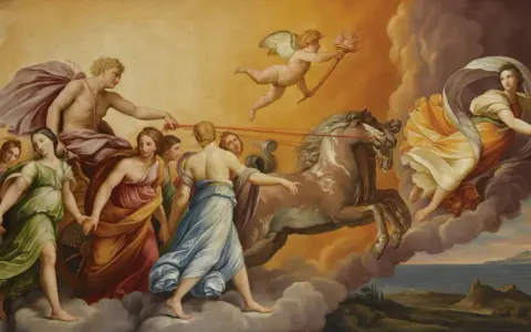Scena inspirowana mitem o narodzinach świata wg Parandowskiego: Apollo na rydwanie, zaprzężonym w konie, prowadzi kobiety. Amor z pochodnią.