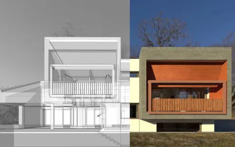 Diseño arquitectónico de una casa moderna, mostrando los pasos a seguir para construirla, desde el boceto hasta la imagen final.