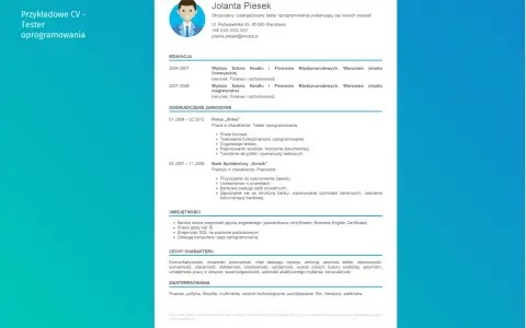 CV tester oprogramowania: Jolanta Piesek, skrupulatny tester oprogramowania, z doświadczeniem w testowaniu funkcjonalności i tworzeniu scenariuszy.