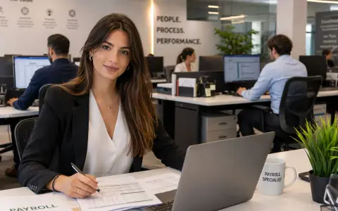 Donna sorridente in ufficio, con tazza "Payroll Specialist", lavora a report. Attenta al customer care.