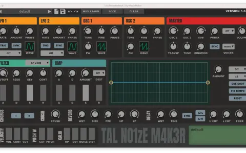 Interfejs syntezatora TAL-NoiseMaker, jednego z najlepszych synth VST, z pokrętłami LFO, oscylatorów, filtrów i efektów.