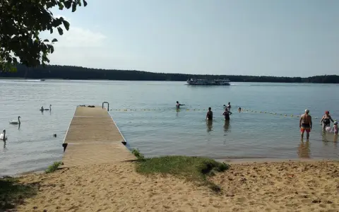 Słoneczna augustów plaża z pomostem, łabędziami i ludźmi kąpiącymi się w jeziorze. Na wodzie pływa statek wycieczkowy.