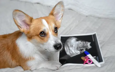 Corgi patrzy na zdjęcie USG i test ciążowy, zastanawiając się, kiedy pies może zajść w ciążę.