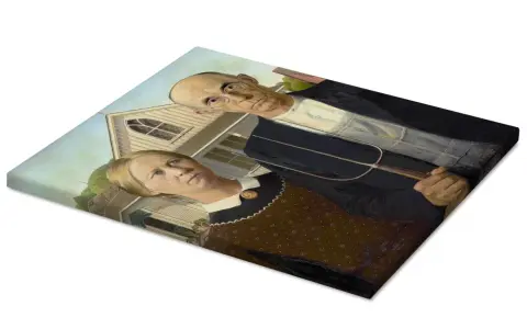 Ikoniczny obraz "American Gothic" przedstawia parę farmerów przed domem w stylu wiktoriańskim. Mężczyzna trzyma widły.